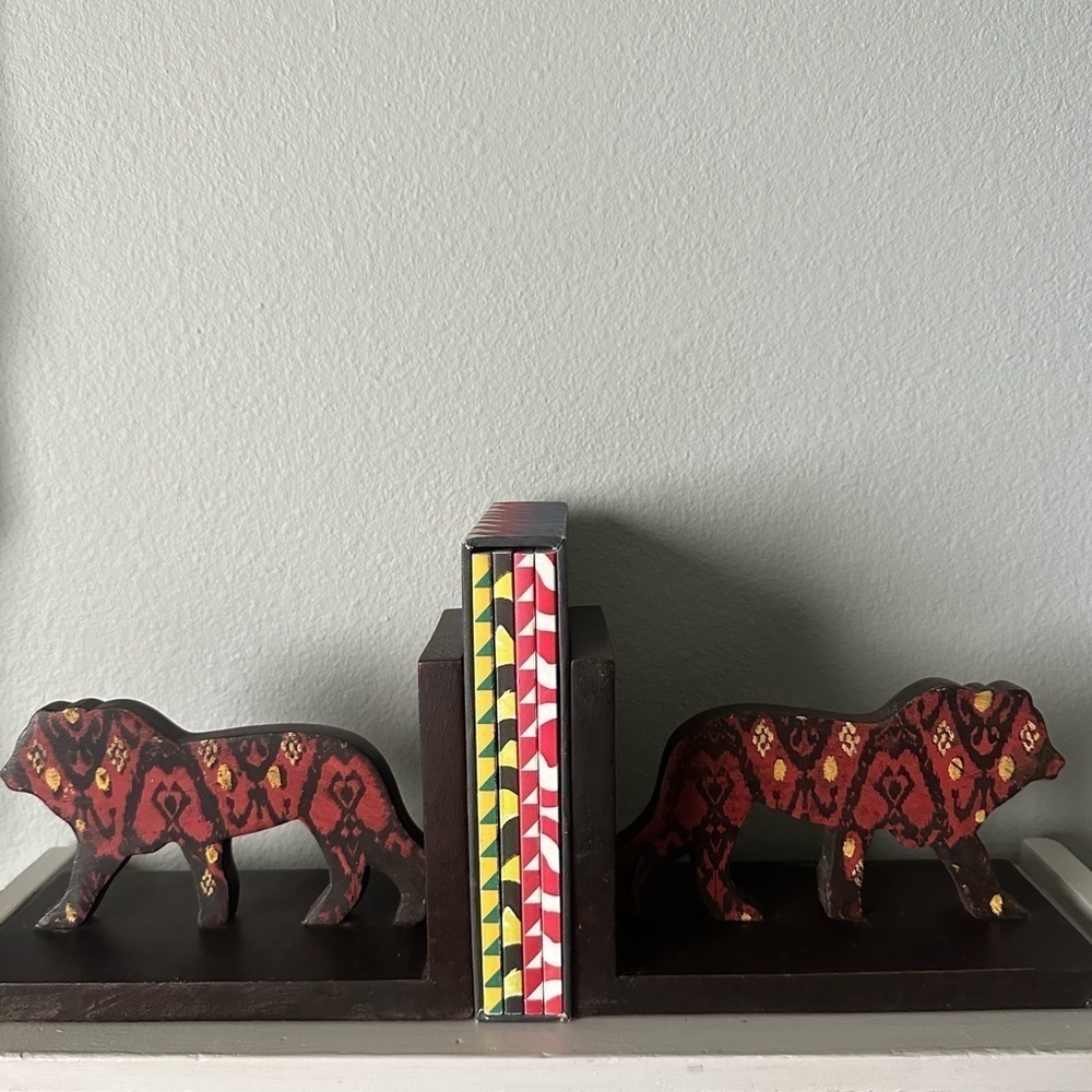 Bookends Painted Carved Wood Ikat Lions